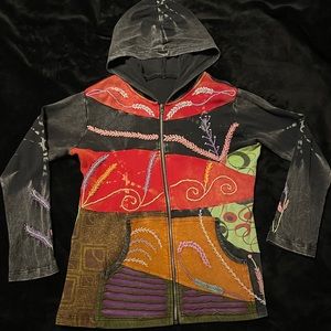 Multicolor Patches ZipUp Hoodie w/ Stitching & Tie Dye Details